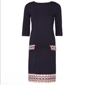 Madderson London Navy Blue Maternity Dress Boat Neckline Mod Print Shift 60s 18